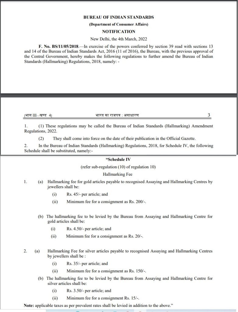 Gazette Notification Gold Hallmarking Fees and Charge 2022
